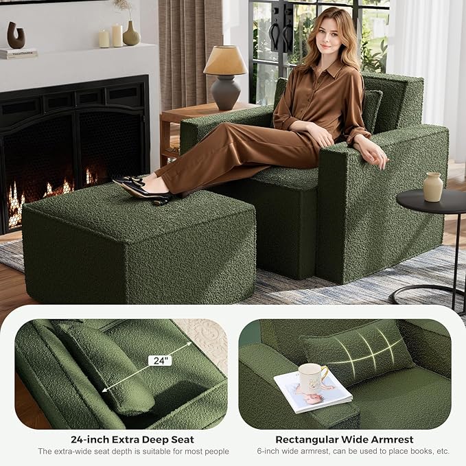 ELUCHANG Oversized Accent Chair with Ottoman,Modern Boucle Sofa Chair with Strong Wood Frame,High Supportive & Soft Sponges Comfy Upholstered Armchair Reading Chairs for Apartment Green