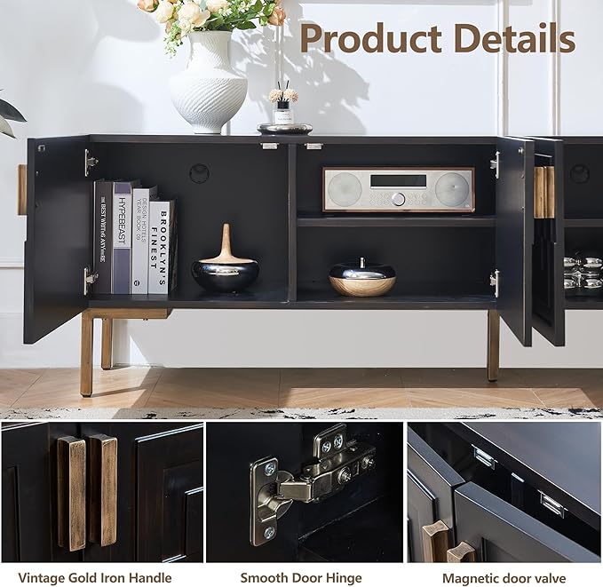 78'' Modern TV Stand with Gold Iron Legs, 4-Door Black TV Table with Shelves, Mid Century Media Console Table for TVs Up to 80''