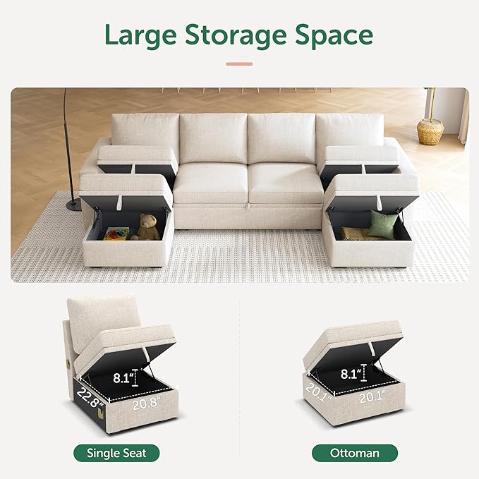 HONBAY Modular Sectional Sleeper Sofa Bed, Sectional Couch with Pull Out Bed U Shaped Modular Couch with Storage Ottoman for Living Room, Beige