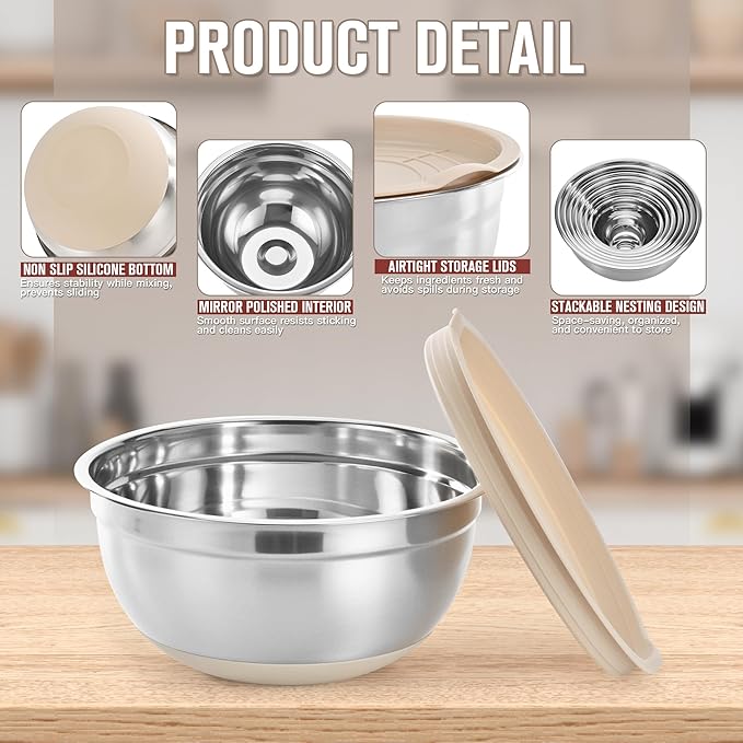 30PCS Mixing Bowls with Lids Set, Stainless Steel Nesting Bowls with Graters, Non-Slip Silicone Bottom, Large Khaki Bowls 7QT to 1QT & 21 Measuring Cups and Spoons Great for Mixing, Baking, Serving