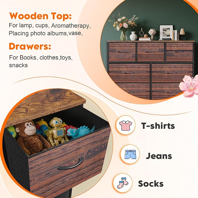 Dresser for Bedroom with 7 Drawers, Chest of Drawers, Storage Drawers Organizer Unit, Black Wide Fabric Dresser with Fabric Bins for Closet, Living Room, Entryway (Brown and Rustic Brown)