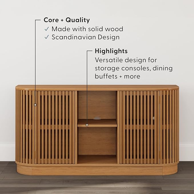 Plank+Beam Contour Wood TV Stand, Two Door Solid Wood Entertainment Console with Storage, 59" L x 16" W x 30" H, Pecan