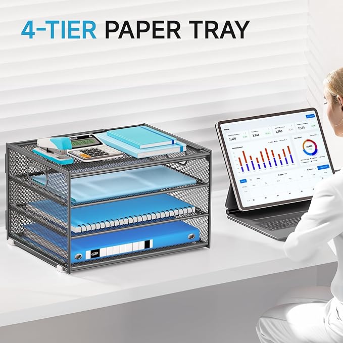 Lavatino 3-Tier Letter Tray Desk Organizer, Mesh Metal Paper File Tray Organizer for Desk, Office Supplies & Home Organization, Fits A4 Paper, Mail, Magazines & Office Accessories (Grey with Handle)