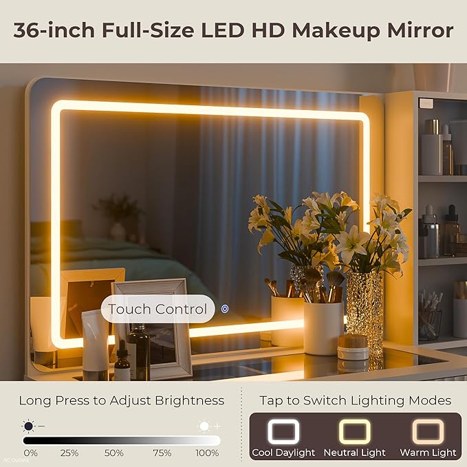 Fluted Vanity Desk with 36" Mirror and Lights, Makeup Vanity Desk with Glass Top, Dressing Table with 5 Drawers & Shelves, Wood Vanity Table for Bedroom(White)