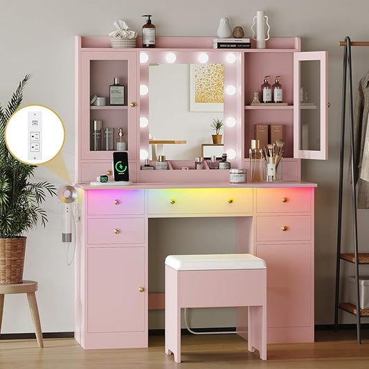 Makeup Vanity Desk with Mirror and Lights, Pink Vanity Table Set with Storage Drawers, Charging Station, Cabinets & Chair, Large Dressing Table with RGB Ambient Light for Women Girls Bedroom Bathroom