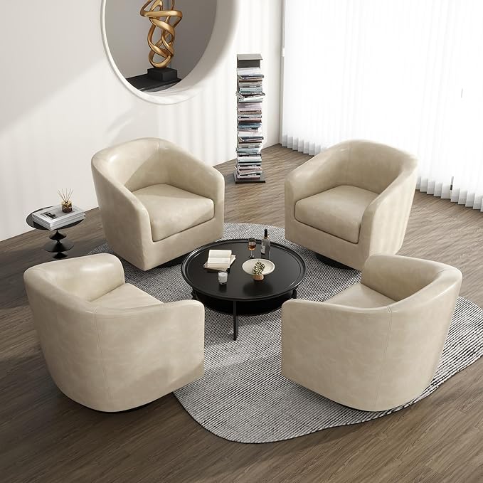 UIXE 360° Swivel Barrel Accent Chair Armchair, PU Leather Round Club Arm Chair for Lving Room, Modern Upholstered Small Bedroom Single Sofa Seat - Cream, Set of 4