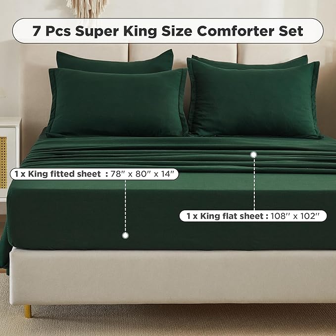 Litanika Super King Comforter Sets Emerald Green - 7 Pieces Bed in a Bag Oversized King Bedding Comforter Sets, Solid Lightweight Bed Set with Comforter, Sheets, Pillowcases & Shams