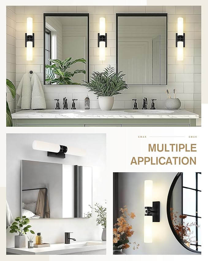 Emak Black Vanity Lights for Bathroom, Modern Farmhouse 2-Light Bathroom Light Fixtures Over Mirror with Milk Glass Shade, 21 Inch Cylinder Wall Sconces, VL086-BK-ML-2