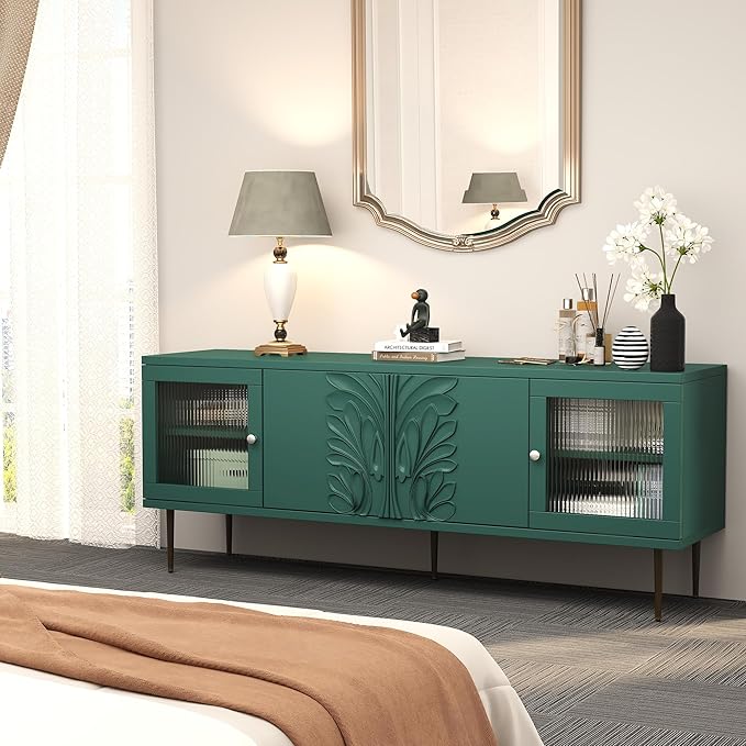 TV Stand for TVs up to 75 Inches, Mid Century Modern Entertainment Center with 3D Flower Pattern, Wood Media Console with 2 Fluted Glass Doors, Storage Cabinet for Living Room, Green