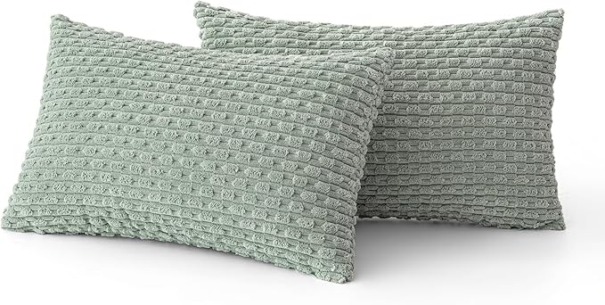 MIULEE Throw Pillow Covers Soft Corduroy Decorative Set of 2 Boho Striped Pillow Covers Pillowcases Farmhouse Home Decor for Couch Bed Sofa Living Room Spring 12x20 Inch Greyish Green
