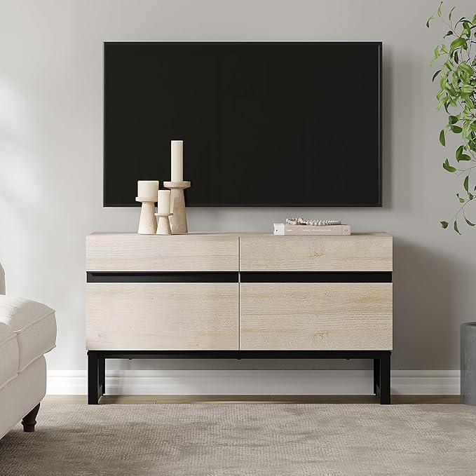 WAMPAT Modern TV Stand for TVs up to 50 inch, TV Entertainment Center Console Table with Storage Cabinet, Wood Media Console for Living Room,Light Oak