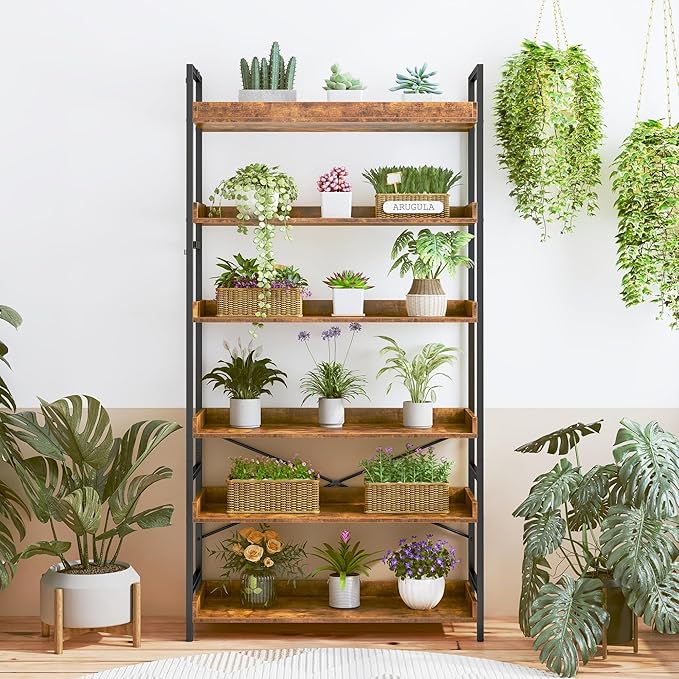 HCHQHS Bookshelf, Adjustable Industrial Bookcase, Vertical Tall Book Shelf, Wood and Black Metal Open Bookshelves for Home Office, Living Room, Bedroom (Rustic Brown, 6-Tier (31" W x 70" H))