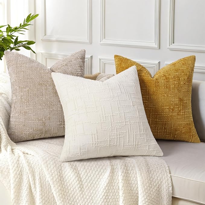 decorUhome Mustard Yellow Chenille Throw Pillow Covers 20x20 Set of 2 Thick Textured Slubby Couch Pillow Covers Farmhouse Accent Modern Neutral Decorative Pillow Cases for Bed Sofa Living Room