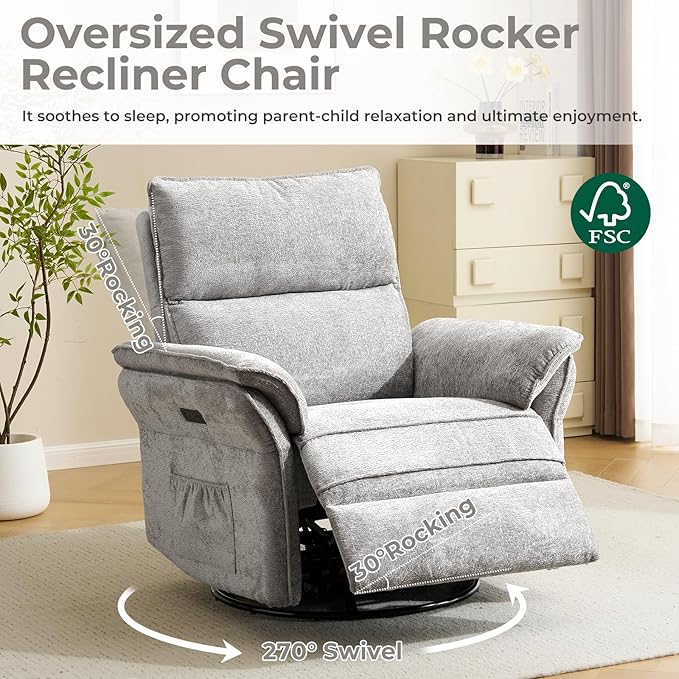 Oversized Power Recliner Chairs for Adults with Massage and Heat, Power Swivel Rocker Recliner Chair with Adjustable Headrest, 26" Extra Wide Rocker Nursery Recliner with USB Port, Light Grey