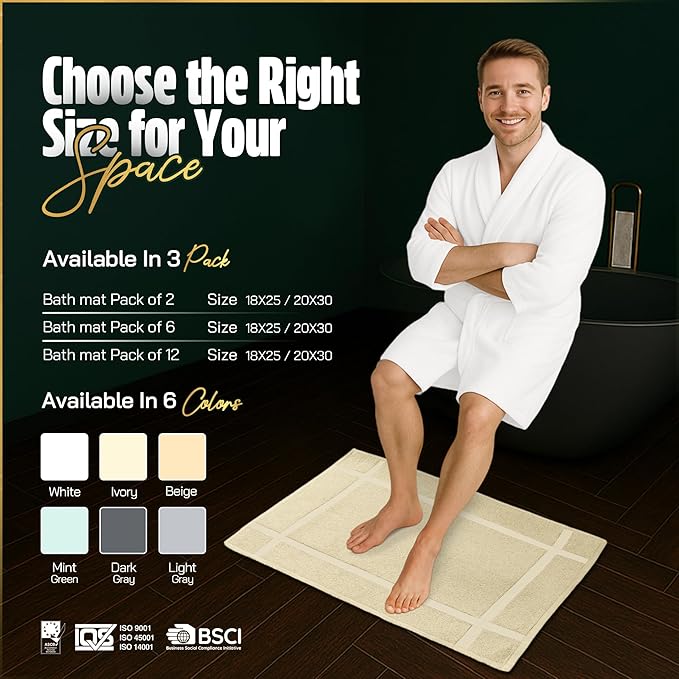 Pearl Linens Pack of 2 100% Cotton Bath Mat 18x25 inches, Soft & Absorbent Quick Dry Bathroom Mat Set, Not Bathroom Rugs, After Shower Mat, Bath Tub Mat, 687 GSM, Machine Washable, Beige