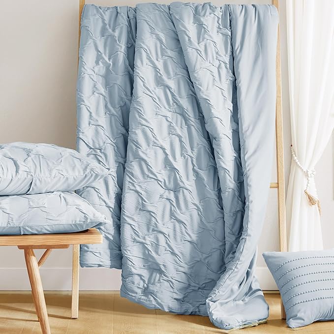 Comfort Spaces Comforter for King Size Bed, Ogee Ruched with Crinkle Texture, Breathable Comforter Set King, All Season Lightweight Bedding Set, Shams, Décor Pilow, King/Cal King Blue 4 Piece