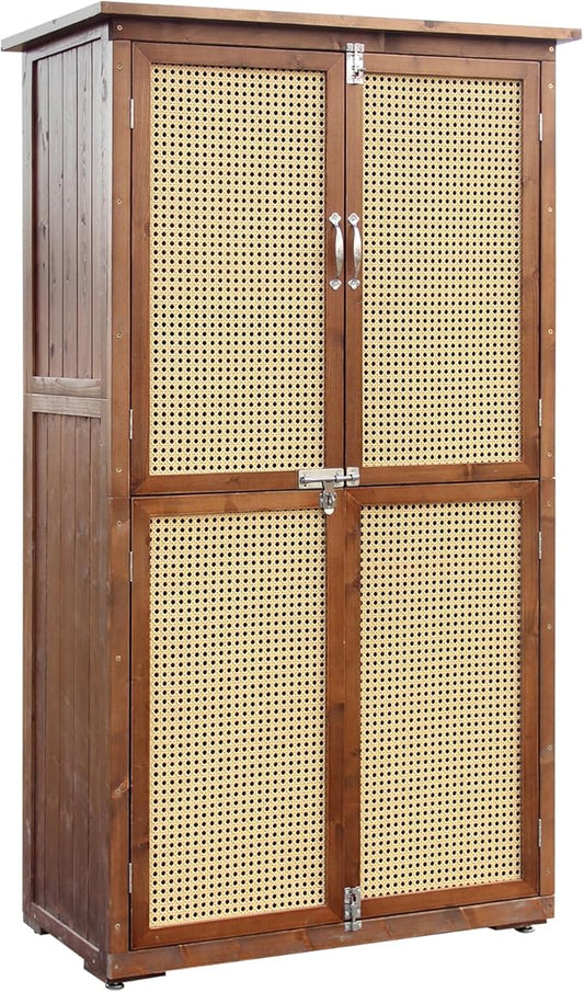 60 Inches Outdoor Storage Shed, Wood Shed with Rattan Indoor Storage Cabinet with Floor, Adjustable Shelves for Patio, Garden,Lawn and Living Room, Carbonized Black