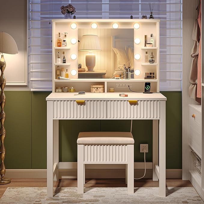 Vanity Desk with HD Mirror and 3-Color Adjustable Lights, Fluted Makeup Vanity with Storage Stool, 2 Large Drawers & Charging Station, Small Vanity for Women's Bedroom, Dressing Room, White