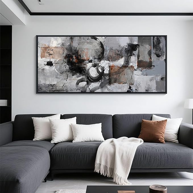Pogusmavi Large Wall Art Abstract Black And Grey Canvas Wall Art Living Room Paintings Decorations Modern Wall Decor for Bedrooms Framed Artwork for Walls