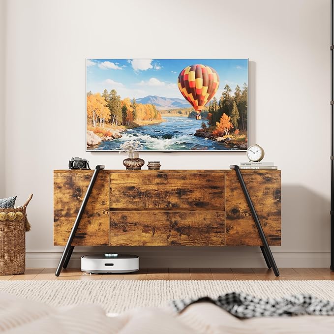 GarveeHome TV Stand for 47 Inch TV, Entertainment Center with 2 Drawers, Adjustable Shelves, U-Shaped Metal Legs, Farmhouse Wooden TV Console for Living Room, Bedroom, Amber Oak