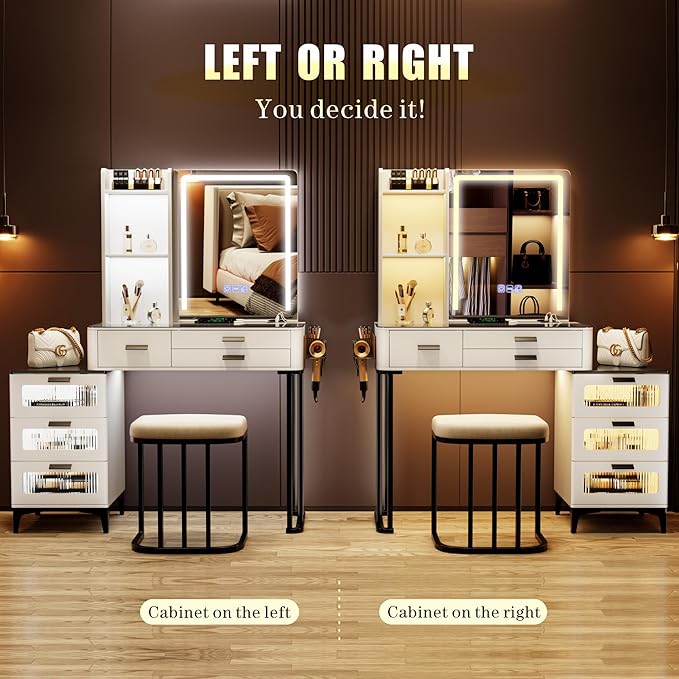 HNEBC Vanitys with HD Glass Display Table, Makeup Desk with Lighted Mirror and Charging Station, Dressing Table with RGB Lights,Jewelry Organizer,Cabinet,6Drawers,Chair for Women/Girls (White)