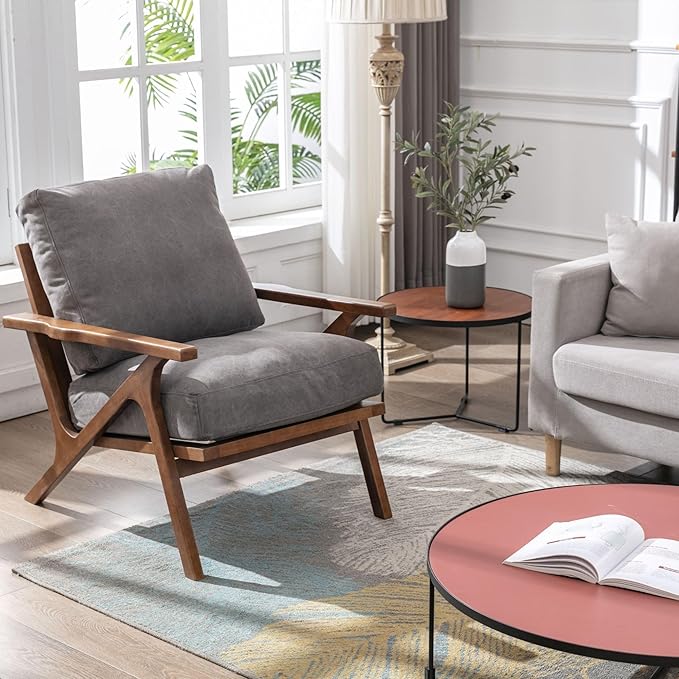 Wahson Set of 2 Mid Century Chair, Retro Upholstered Accent Armchairs, with Wood Frame and Removable Canvas Cushions, Large Leisure Slipper Chair for Living Room/Bedroom, Grey
