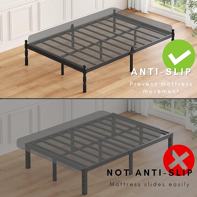 ZIYOO 14 inch Full Bed Frames with Mattress Slide Stopper, Vintage Style, 1500LBS Heavy Duty Steel Slats, Prevent Mattress from Sliding, No Box Spring Needed, Platform Noise-Free