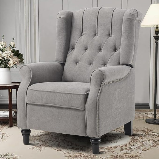 EBELLO Pushback Recliner Chair, Fabric Armchair Push Back Recliner with Rivet Decoration, Mid Century Wingback Accent Chair for Living Room, Bedroom, Grey