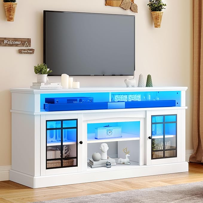 YITAHOME White TV Stand for 75 Inch TV, LED Modern Entertainment Center with Adjustable Shelves and Glass Doors, 32'' Tall Television Stands TV Media Console Table for Living Room, White