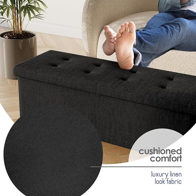 STORAGEBUD Storage Ottoman Bench with Bins, 43-in Storage Bench for Bedroom End of Bed, Folding Foot Rest Ottoman for Living Room Max 660lbs, Fabric Ottomans, Black