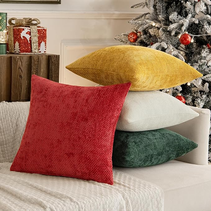 MIULEE Christmas Red Pack of 4 Couch Throw Pillow Covers 20x20 Inch Soft Decorative Chenille Pillow Covers Farmhouse Accent Cushion Covers for Boho Home Decor Sofa Bedroom Living Room