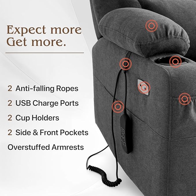 Power Lift Recliner Chair for Elderly with Extended Footrest, Infinite Position Lay Flat Recliner Chair for Adult W/Massage & Heating, Adjustable Headrest, 3-Motor Zero Gravity,Cup Holder, Fabric