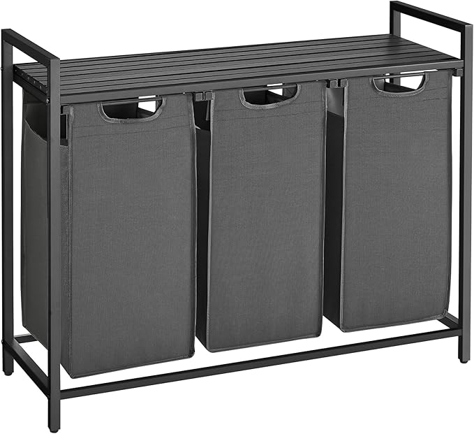 VASAGLE Laundry Hamper, Laundry Basket, Laundry Sorter with 3 Pull-Out and Removable Bags, Shelf, Metal Frame, 3 x 10.6 Gallons (40 L), 36.4 x 13 x 28.4 Inches, Slate Gray and Charcoal Gray UBLH301G01
