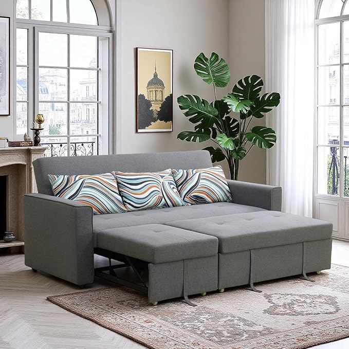 77 Inch Convertible Pull Out Sofa Bed, Sleeper Couch with Fluffy Fabric, 3 Seat Living Room Sofa Set with Adjustable Backrest for Living Room, Bedroom, Apartment, Grey