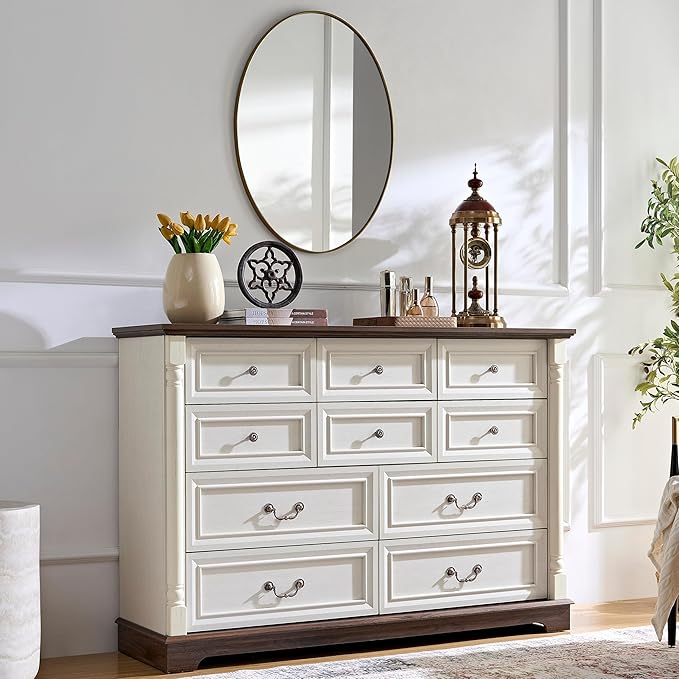 Farmhouse 10 Drawer Dresser with Roman Column Design, 54" Large Wood Chest of Drawers for Bedroom, Living Room, Antique White