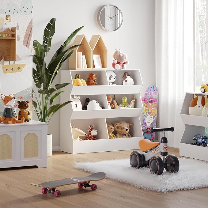 DINZI LVJ Toy Storage Organizer, Kids Bookshelf, Wooden Toy Storage Cabinet, 6 Cubby Children Bookcase, 35.4" L Toddler Book Shelf for Playroom, Living Room, Nursery, Hallway, School, White