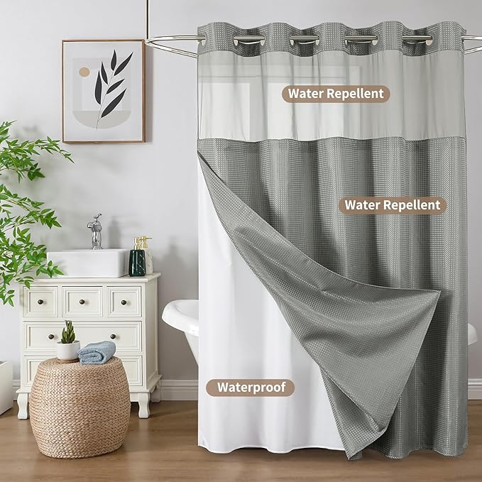 Colorful Star No Hook Shower Curtain with Snap in Fabric Liner, Waffle Weave Heavy Duty Thick Shower Curtains with Mesh Top Window, Hotel Style Waterproof Bathroom Curtain Set, 72 x 75 Inch, Grey