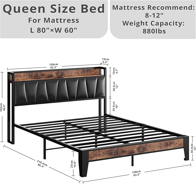 LIKIMIO Queen Bed Frame, Storage Headboard with Charging Station, Solid and Stable, Noise Free, No Box Spring Needed, Easy Assembly (Vintage and Black)