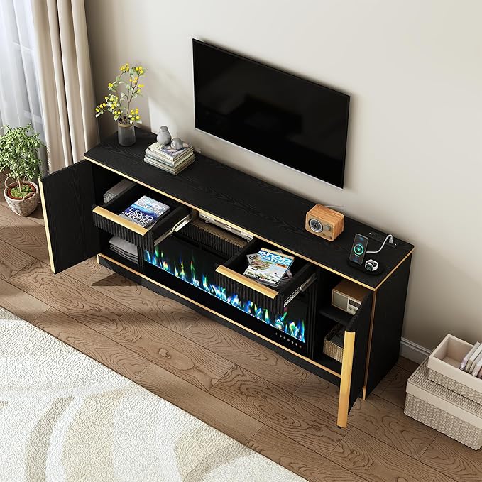 COCO DESIGN Fireplace TV Stand up to 80" TVs, 42" Electric Fireplace TV Console with Crystal Stone, Colorful LED Lights Entertainment Center with Remote Control, Black