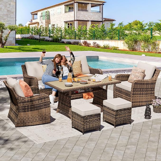 6 Pieces Outdoor Patio Furniture Set, Wicker Patio Conversation Set, Patio Sectional Furniture Set with 2 Single Chair and Sofa, 2 Ottomans and Dining Table (Brown)