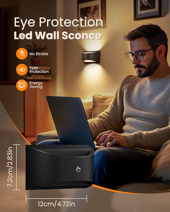 Brightown Magnetic Wall Sconces Set of Two, Rechargeable Battery Powered Wall Sconce with Remote Control, 3 Colors Wireless Up and Down Wall Mount Light for Hallway Bedroom Bedside Living Room (Black)