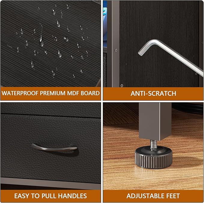 Furologee 55" LED TV Stand for Bedroom with Power Outlets, Entertainment Center with 6 Fabric Drawers for 50/55/60 inch TVs, Dresser TV Stand Long Console Media Table for Living Room, PU Black