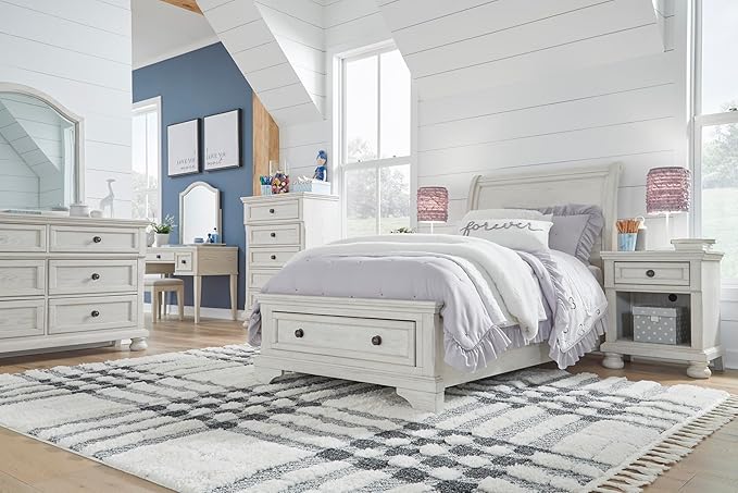 Signature Design by Ashley Robbinsdale Casual Twin Sleigh Storage Platform Bed with 1 Drawer, Foundation or Box Spring Not Needed, White
