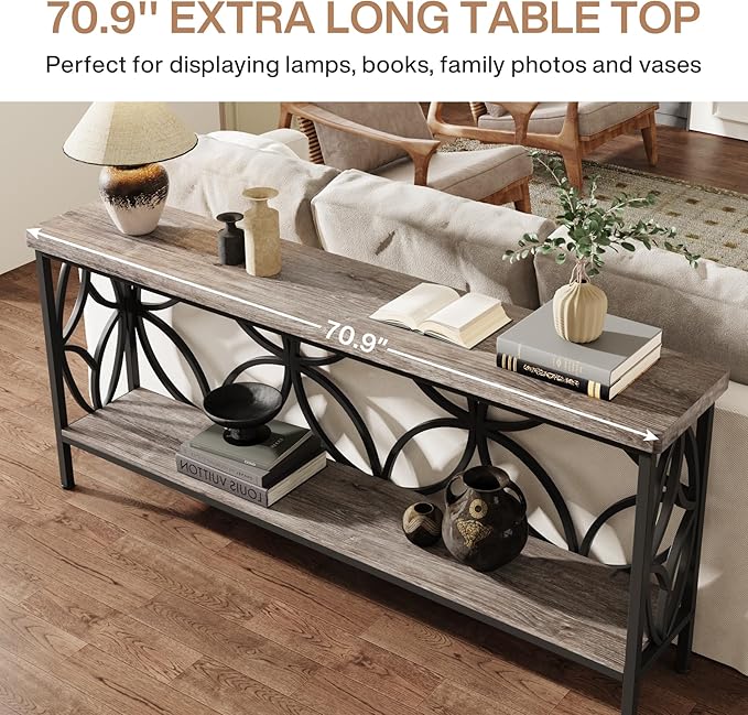 Tribesigns 70.9-Inch Narrow Sofa Table, Industrial Long Sofa Table Behind Couch, Entry Console Table with Storage for Entryway, Living Room, Foyer, Unique Design, Vintage Grey