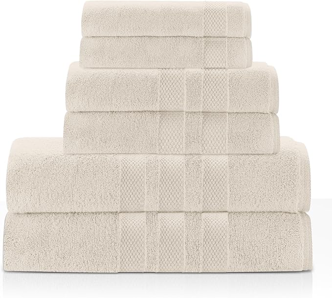 Zero Twist Bathroom Towel Set - Luxury Bath Towel Sets for Bathroom, Hands, and Washcloths - Quick Dry and Absorbent - 6 Pieces, 3 Stripe, Sand
