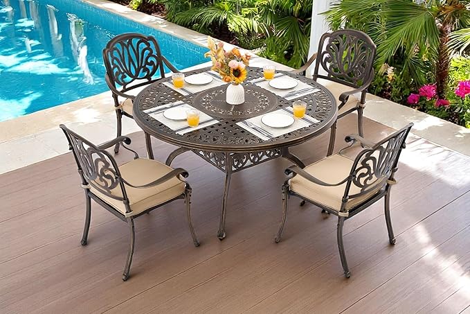5 Piece Outdoor Dining Set Cast Aluminum, Retro Patio Dining Furniture Set for 4 Includes 54’’ Round Table 4 Chairs with Thicker Cushion and Umbrella Hole for Patio Deck Garden
