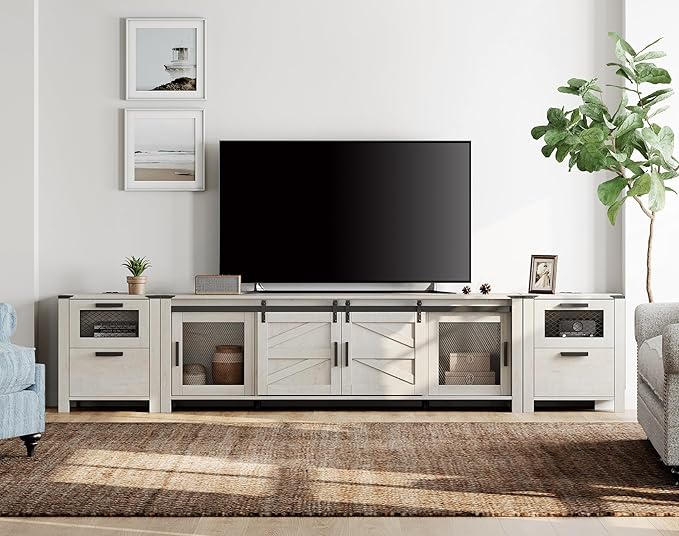 WAMPAT TV Stand Set for 85 inch TV with Charging Station, 3 in 1 Wood Entertainment Center TV Console Table for Living Room, Antique White