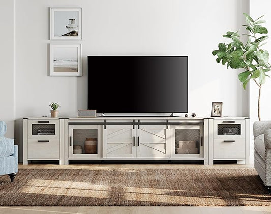 WAMPAT TV Stand Set for 85 inch TV with Charging Station, 3 in 1 Wood Entertainment Center TV Console Table for Living Room, Antique White