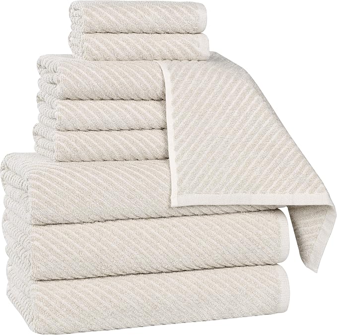 Superior Amelia Viscose Cotton Blend Medium Weight Towels, for Bathroom, Shower, Spa, Plush, Quick Dry, Ultra-Soft Towels, Bath Essentials, Ribbed Design, 9 Piece Assorted Towel Set, Beige