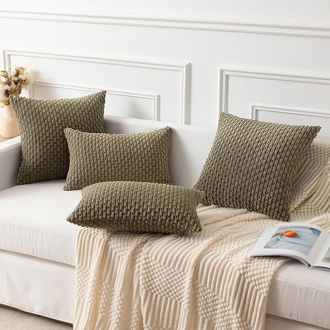 Kevin Textile Pack of 2 Corduroy Decorative Throw Pillow Covers 20x20 Inch Soft Boho Striped Pillow Covers Modern Farmhouse Home Decor for Sofa Living Room Couch Bed Olive Green